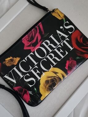 Victoria's Secret Black Floral Wristlet with Yellow & Pink Roses